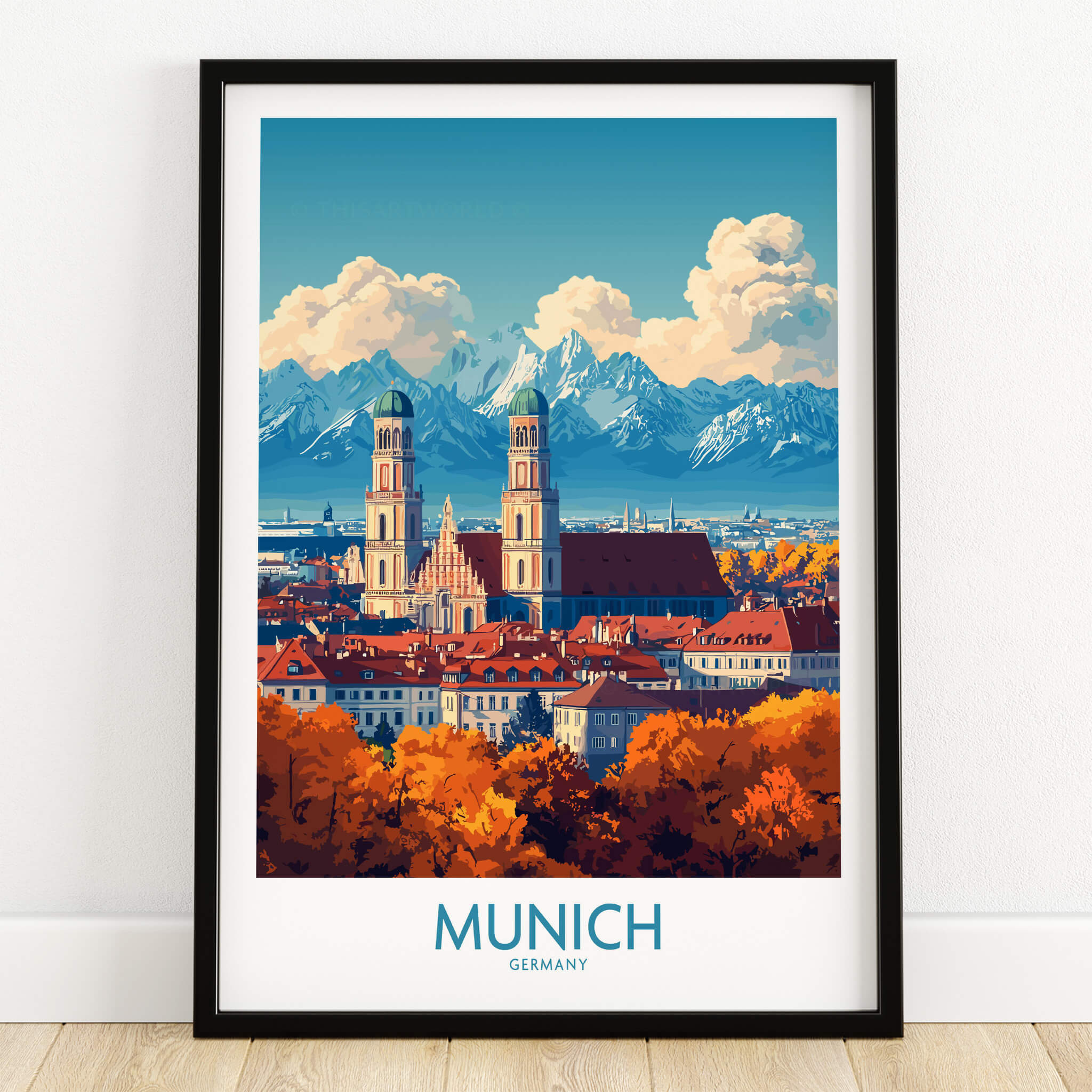 Munich Travel Poster showcasing iconic landmarks and scenery of Munich, Germany in vibrant colors and details.
