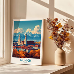 Munich Travel Poster showcasing Munich's iconic towers and vibrant scenery in a sunny setting.