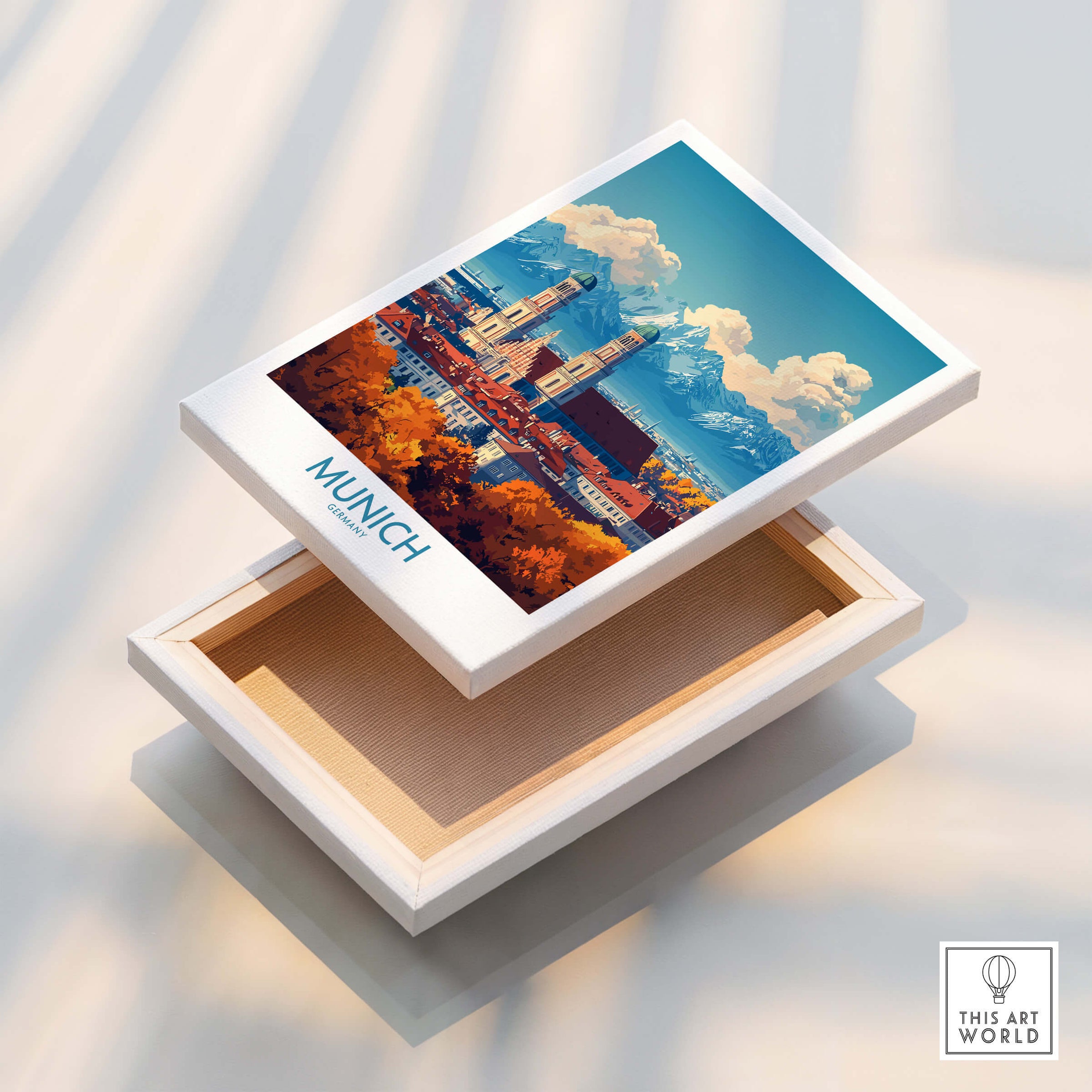Munich Travel Poster displayed on a wooden box showcasing iconic landmarks and vibrant colors of Munich.