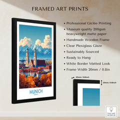 Munich Travel Poster framed art print showcasing vibrant Munich landscape with iconic landmarks and wooden frame.