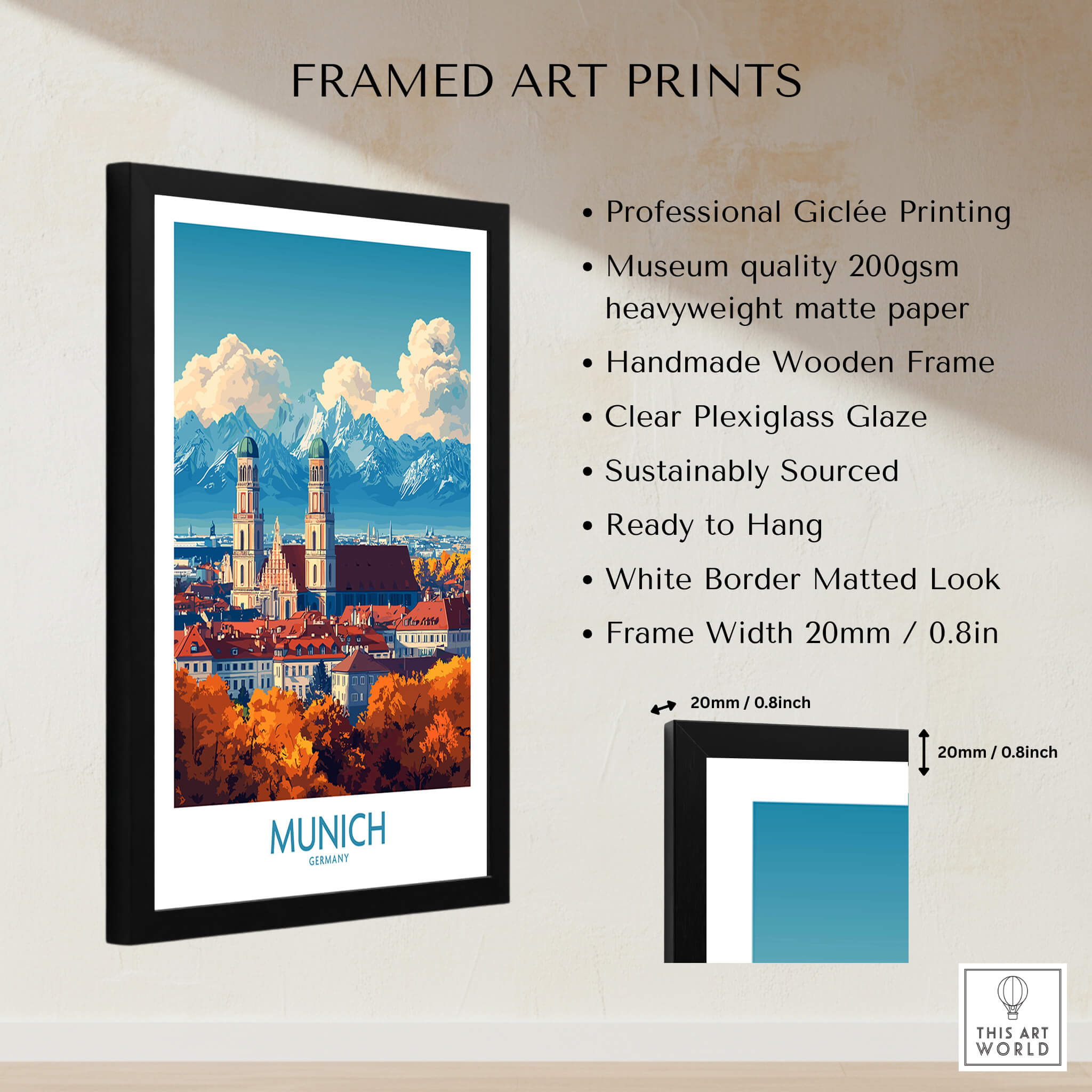 Munich Travel Poster framed art print showcasing vibrant Munich landscape with iconic landmarks and wooden frame.