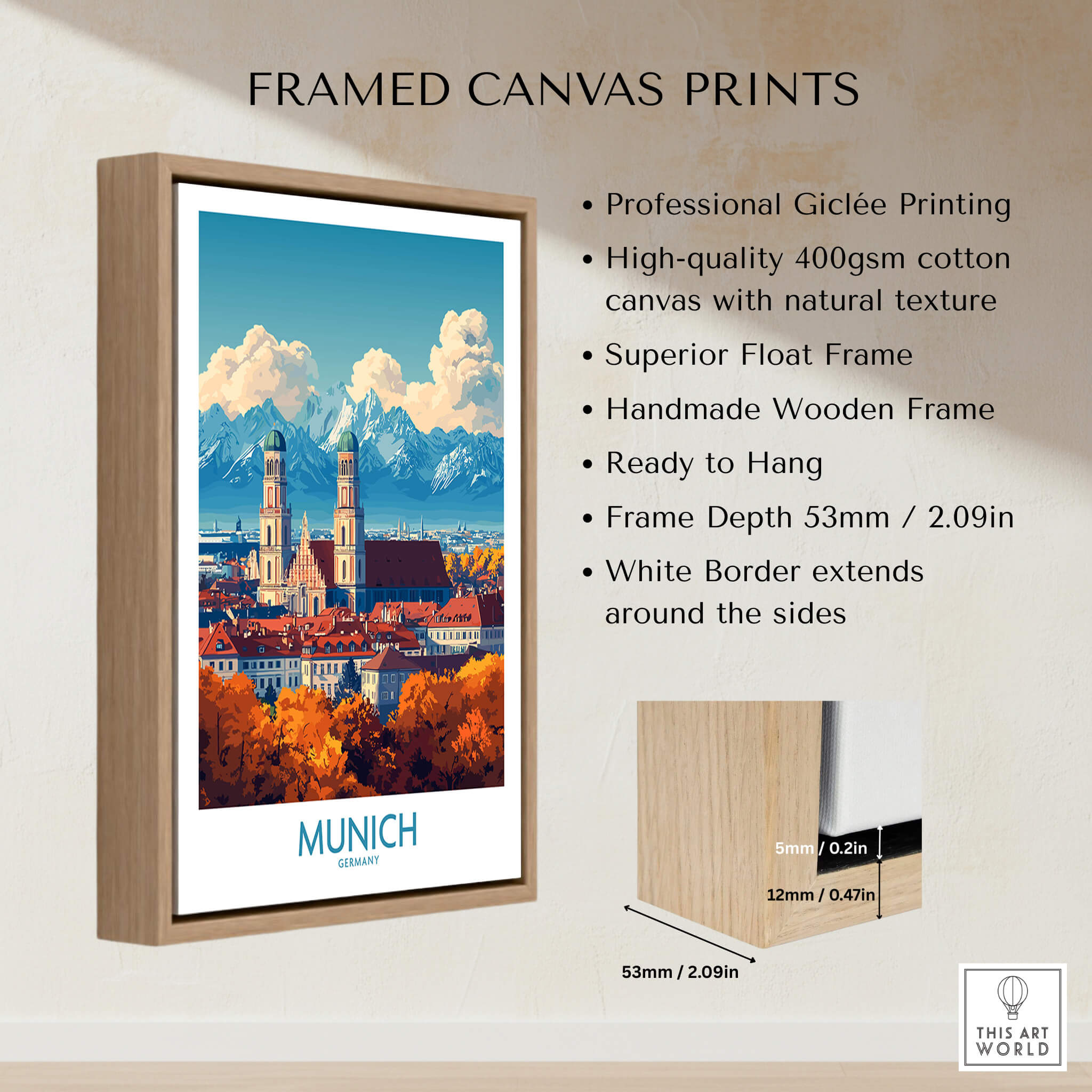 Munich Travel Poster framed canvas print showcasing iconic landmarks and vibrant colors of Munich
