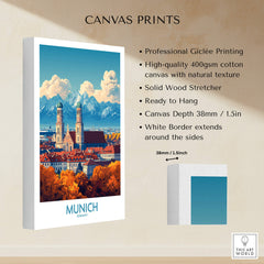 Munich Travel Poster featuring vibrant cityscape and mountains, high-quality canvas print for wall art.