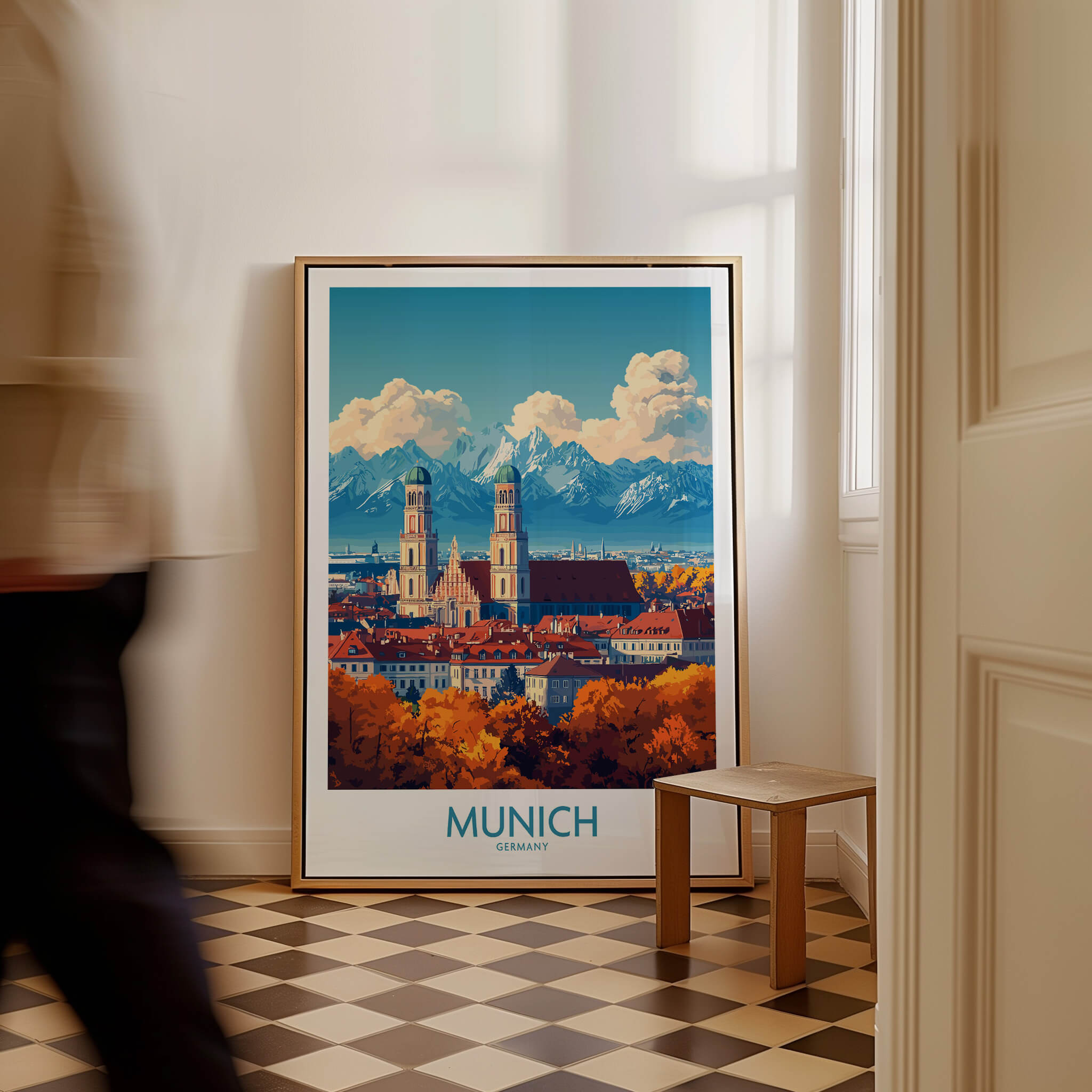 Munich Travel Poster featuring iconic Munich landmarks with vibrant colors in a stylish interior setting.