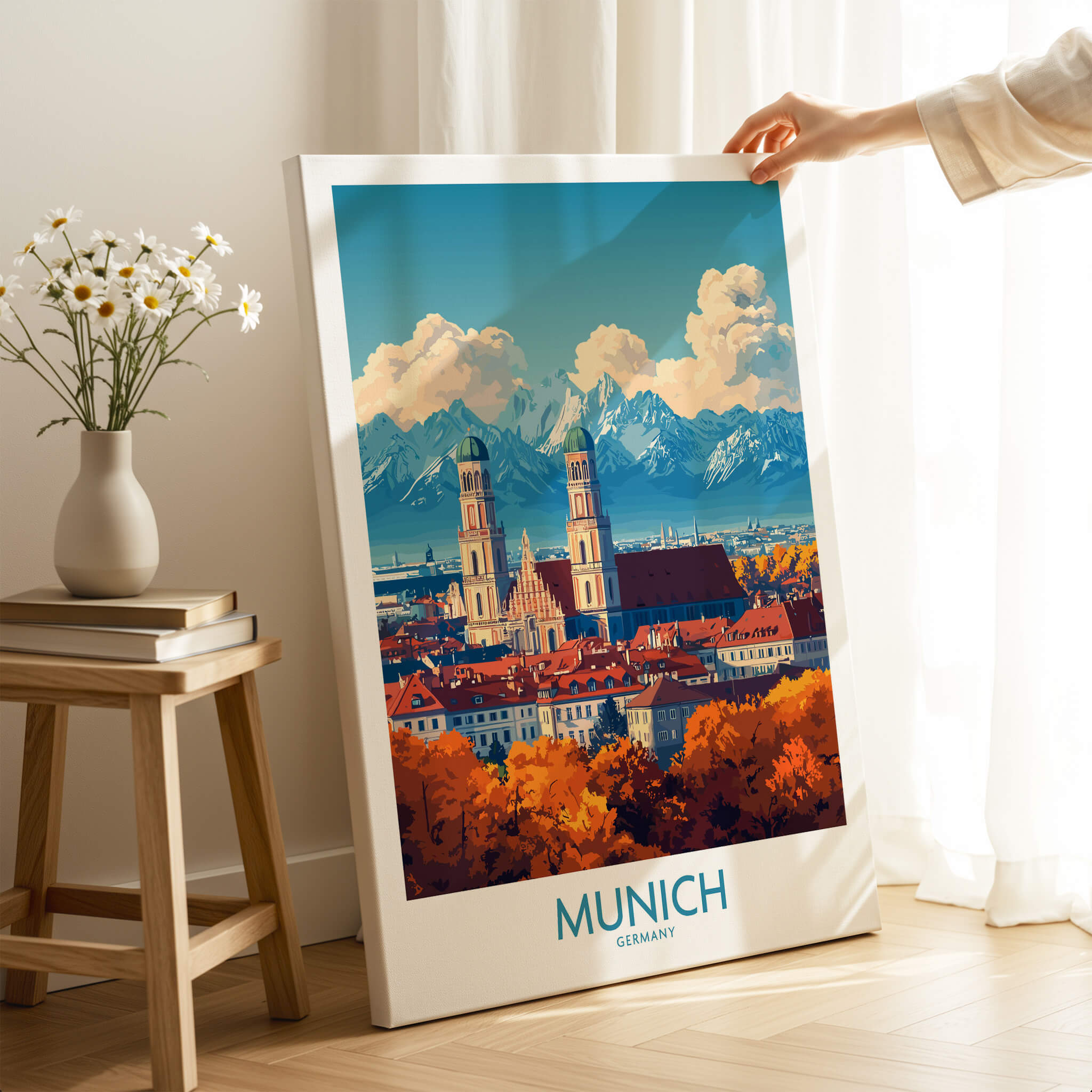 Munich Travel Poster showcasing the city's iconic skyline and vibrant colors with mountains in the background.