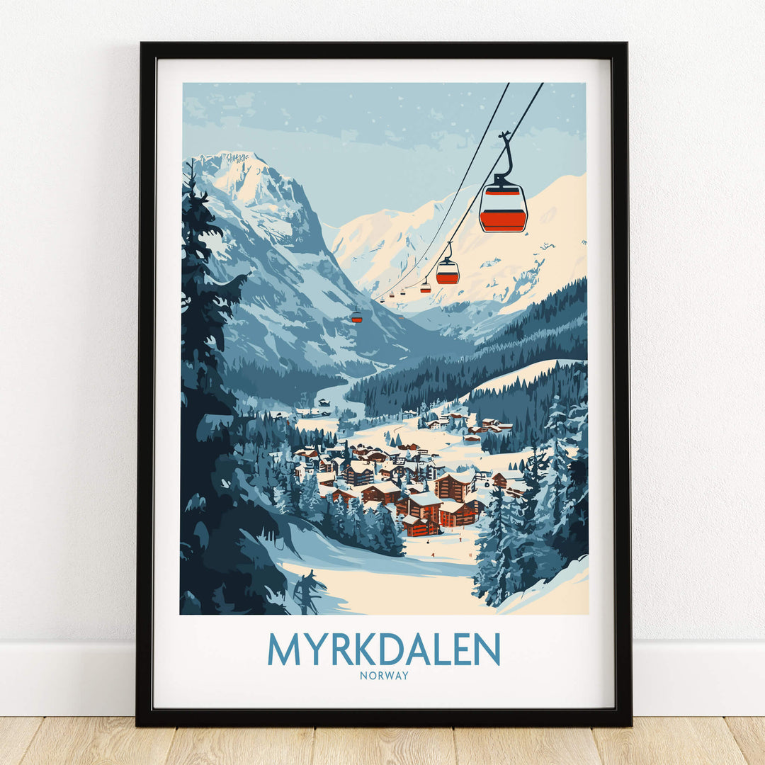 Experience Myrkdalen: Stunning Ski Poster Art featuring a beautiful winter landscape in Norway.