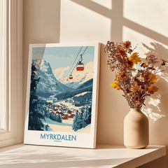 Experience Myrkdalen: Stunning Ski Poster Art featuring a scenic ski landscape in Norway.