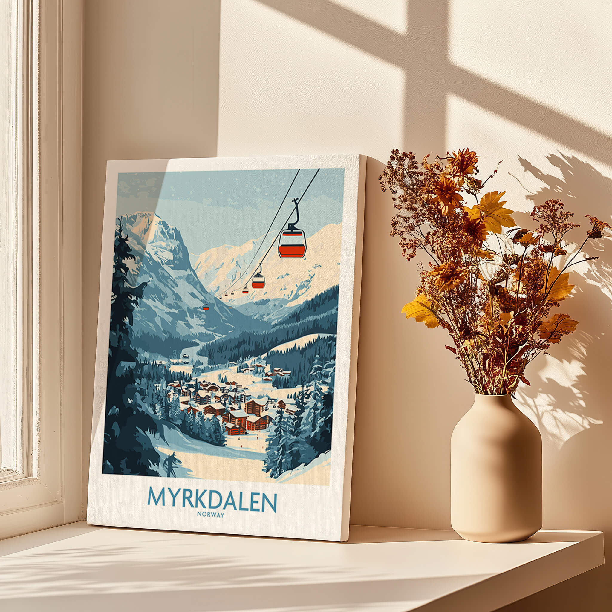 Experience Myrkdalen: Stunning Ski Poster Art featuring a scenic ski landscape in Norway.