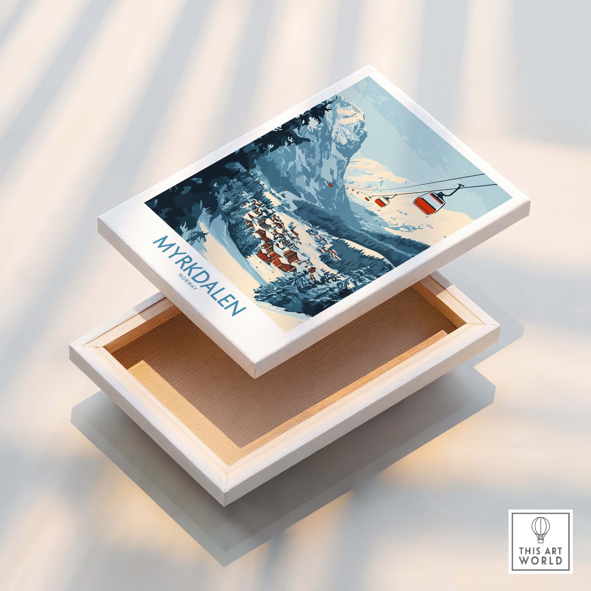Experience Myrkdalen: Stunning Ski Poster Art on a decorative box showcasing ski scenery.