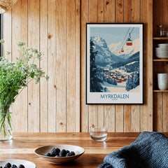 Experience Myrkdalen: Stunning Ski Poster Art displayed in a rustic home setting with wooden decor.