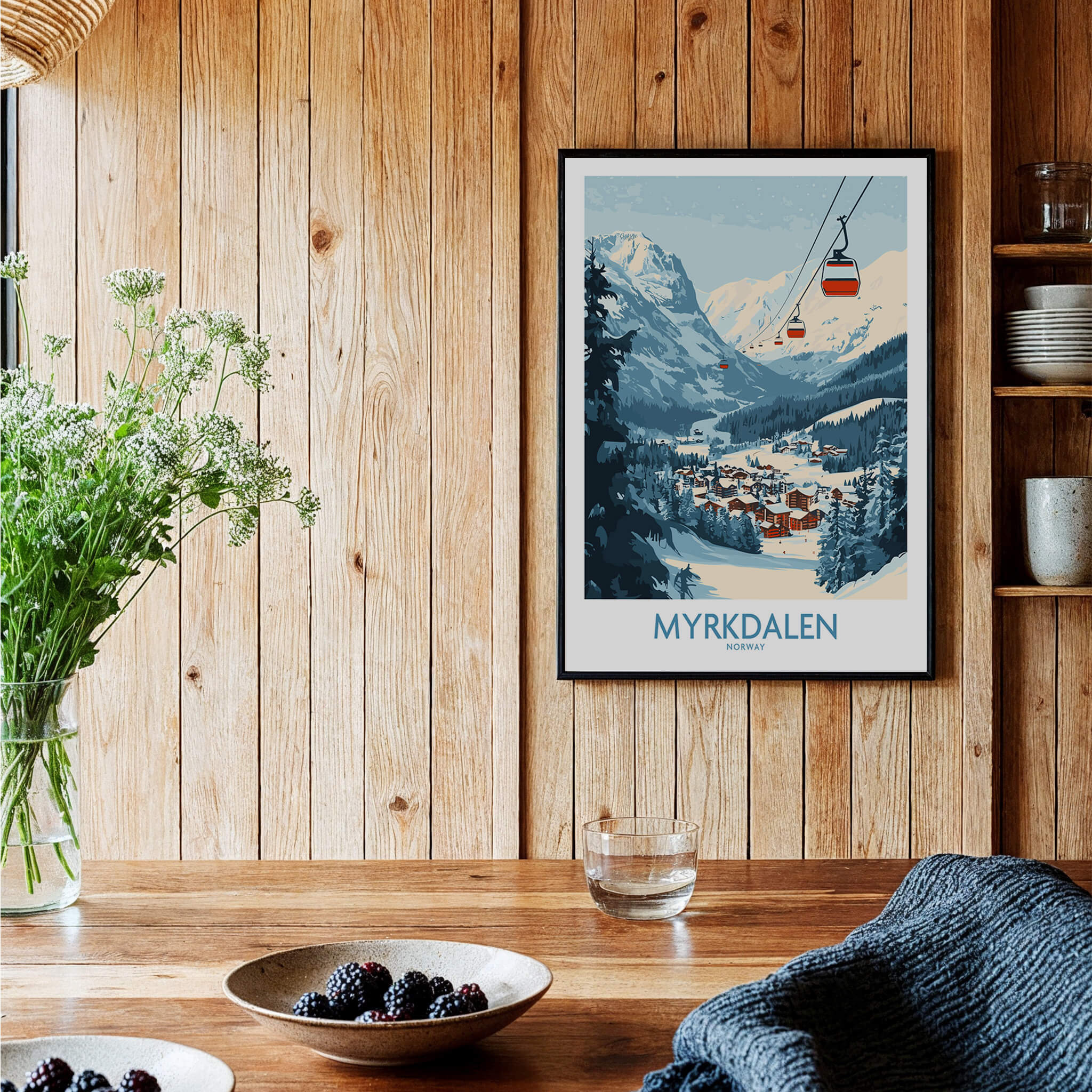 Experience Myrkdalen: Stunning Ski Poster Art displayed in a rustic home setting with wooden decor.