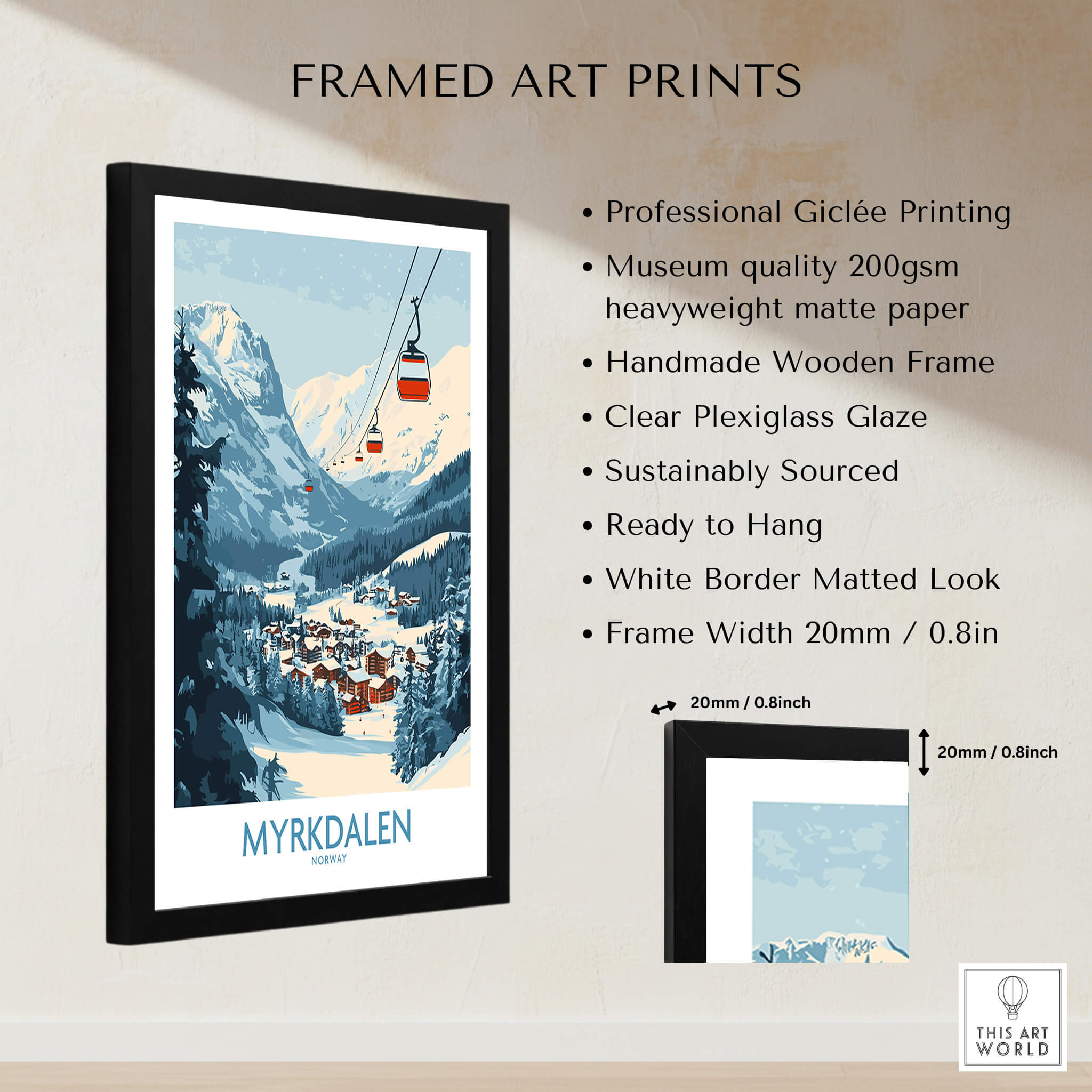 Experience Myrkdalen: Stunning Ski Poster Art in a framed print with museum quality materials.