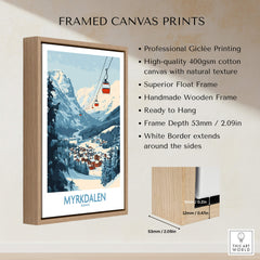 Experience Myrkdalen: Stunning Ski Poster Art framed canvas print showcasing beautiful snowy mountains.