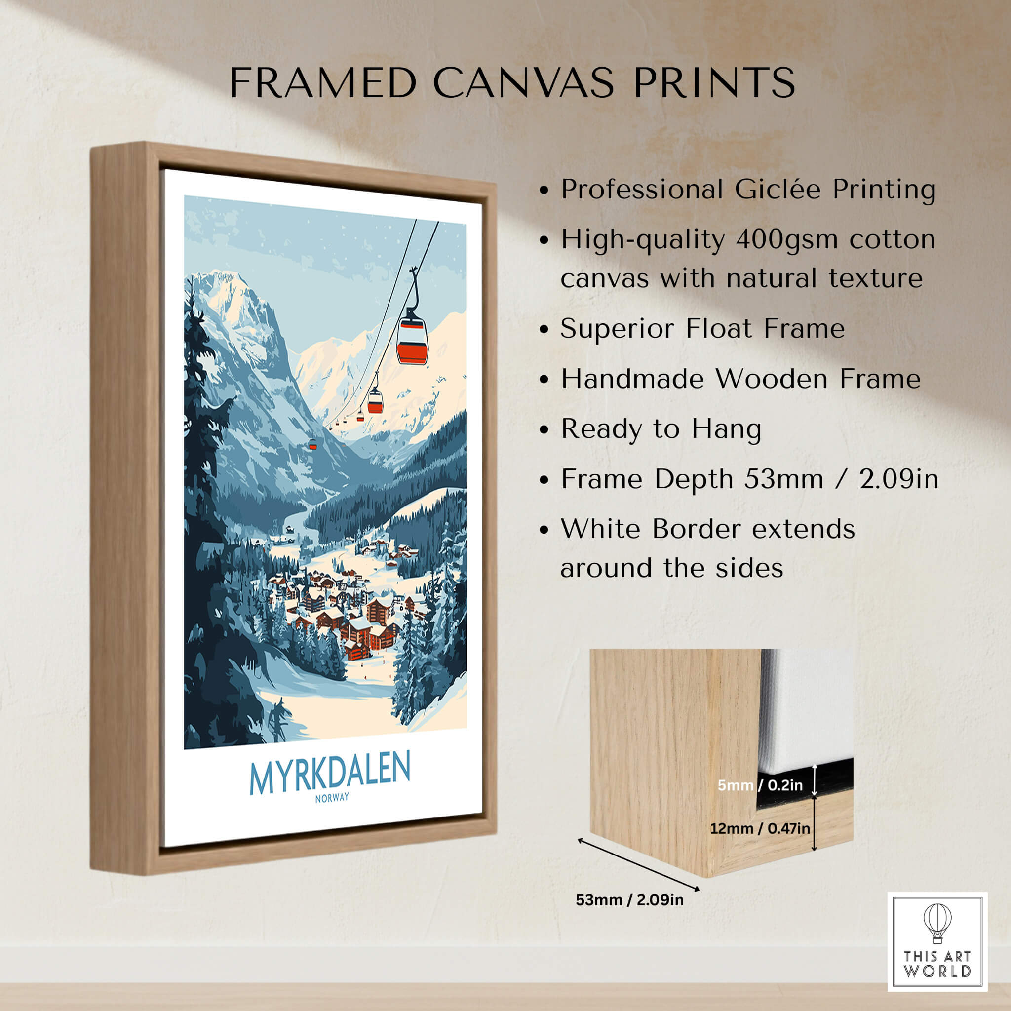Experience Myrkdalen: Stunning Ski Poster Art framed canvas print showcasing beautiful snowy mountains.