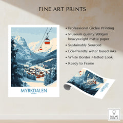 Experience Myrkdalen: Stunning Ski Poster Art showcasing gondolas and mountains in Myrkdalen, Norway.