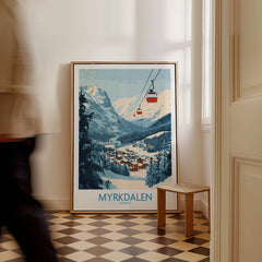 Experience Myrkdalen: Stunning Ski Poster Art showcasing beautiful slopes and gondolas in a snowy landscape.