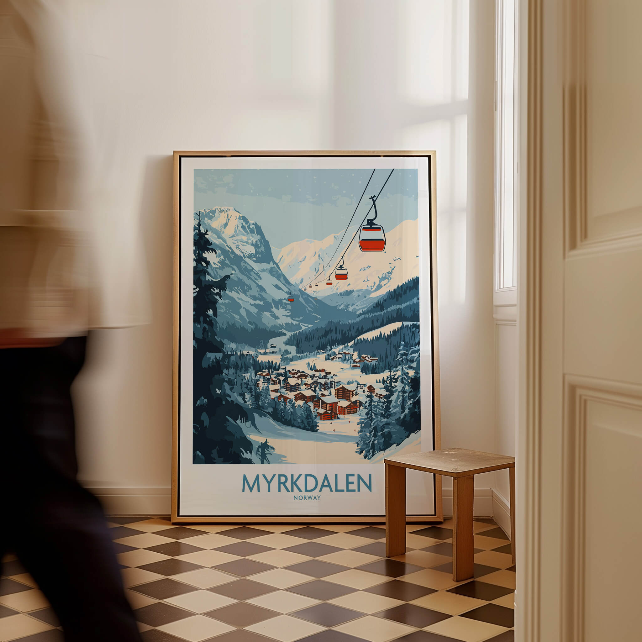 Experience Myrkdalen: Stunning Ski Poster Art showcasing beautiful slopes and gondolas in a snowy landscape.