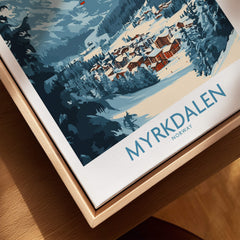 Experience Myrkdalen: Stunning Ski Poster Art featuring beautiful winter scenery and ski village in Norway.