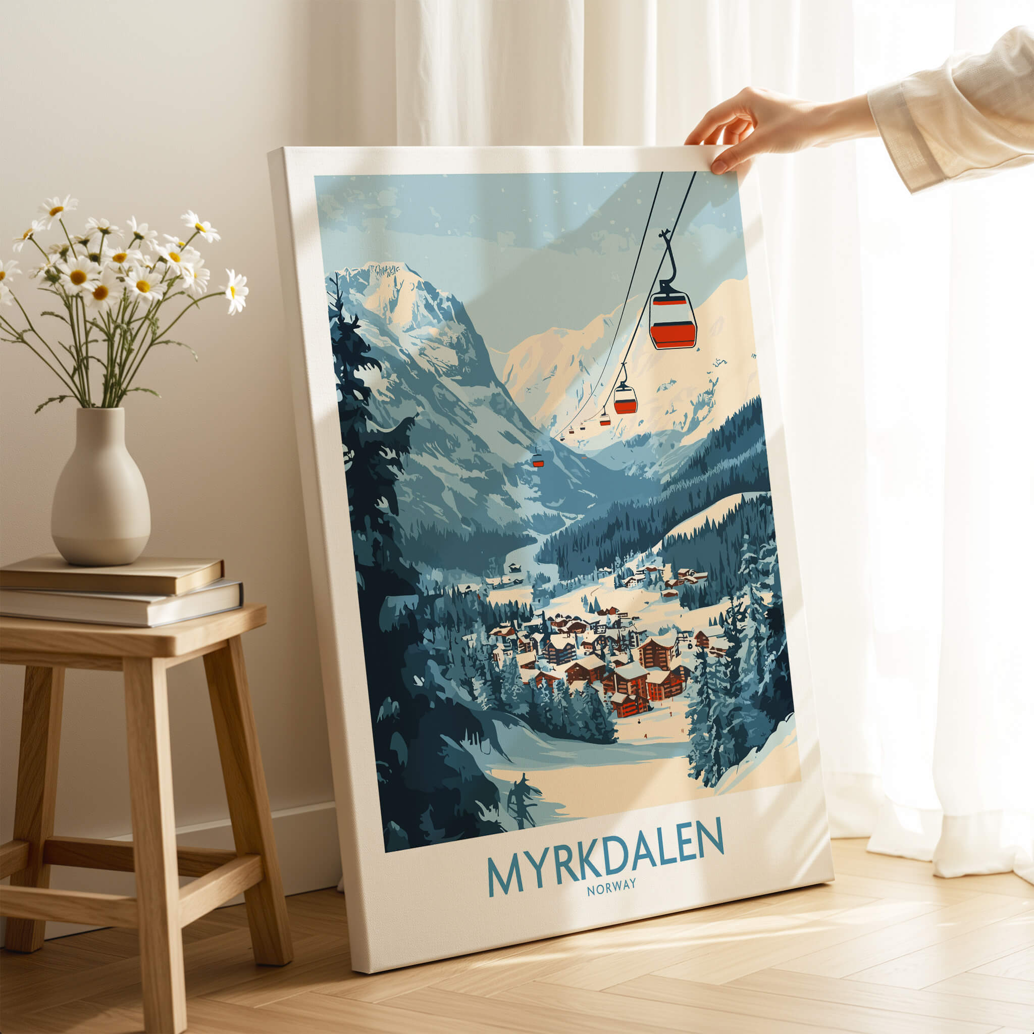 Experience Myrkdalen: Stunning Ski Poster Art featuring beautiful ski scenery and gondolas in Norway.