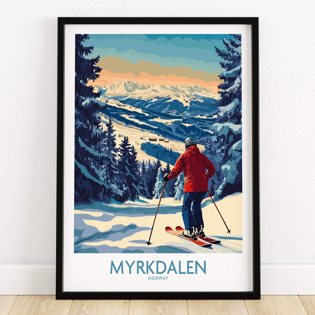 Myrkdalen Ski Poster: A Perfect Gift for Ski Lovers featuring a skier amidst stunning snowy mountains.