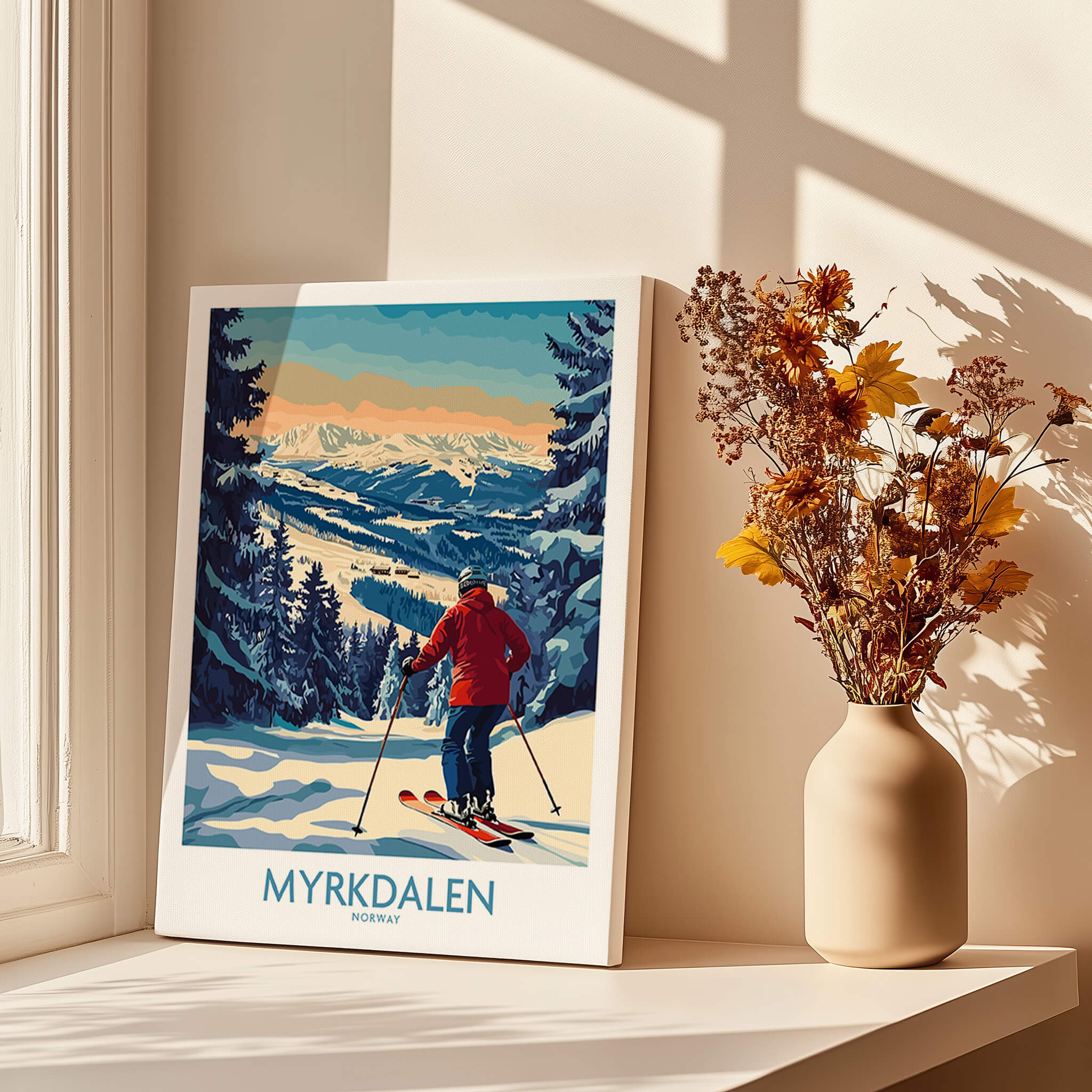 Myrkdalen Ski Poster: A Perfect Gift for Ski Lovers featuring a skier on a snowy mountain in Norway.