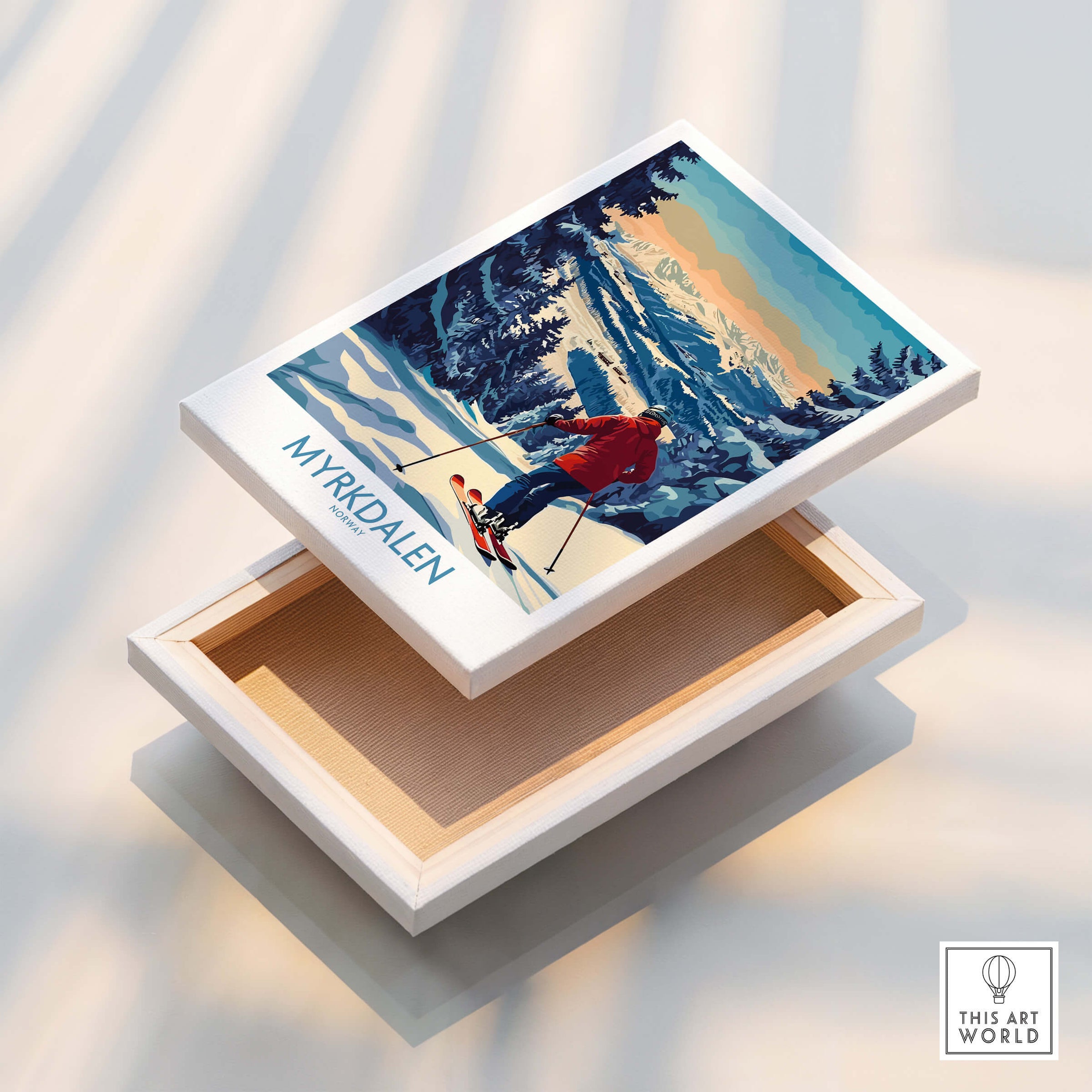 Myrkdalen Ski Poster: A Perfect Gift for Ski Lovers, showcasing skiing in a beautifully designed box.
