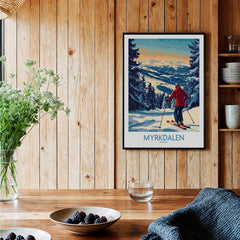 Myrkdalen Ski Poster: A Perfect Gift for Ski Lovers showcasing a skier in a scenic mountain landscape.
