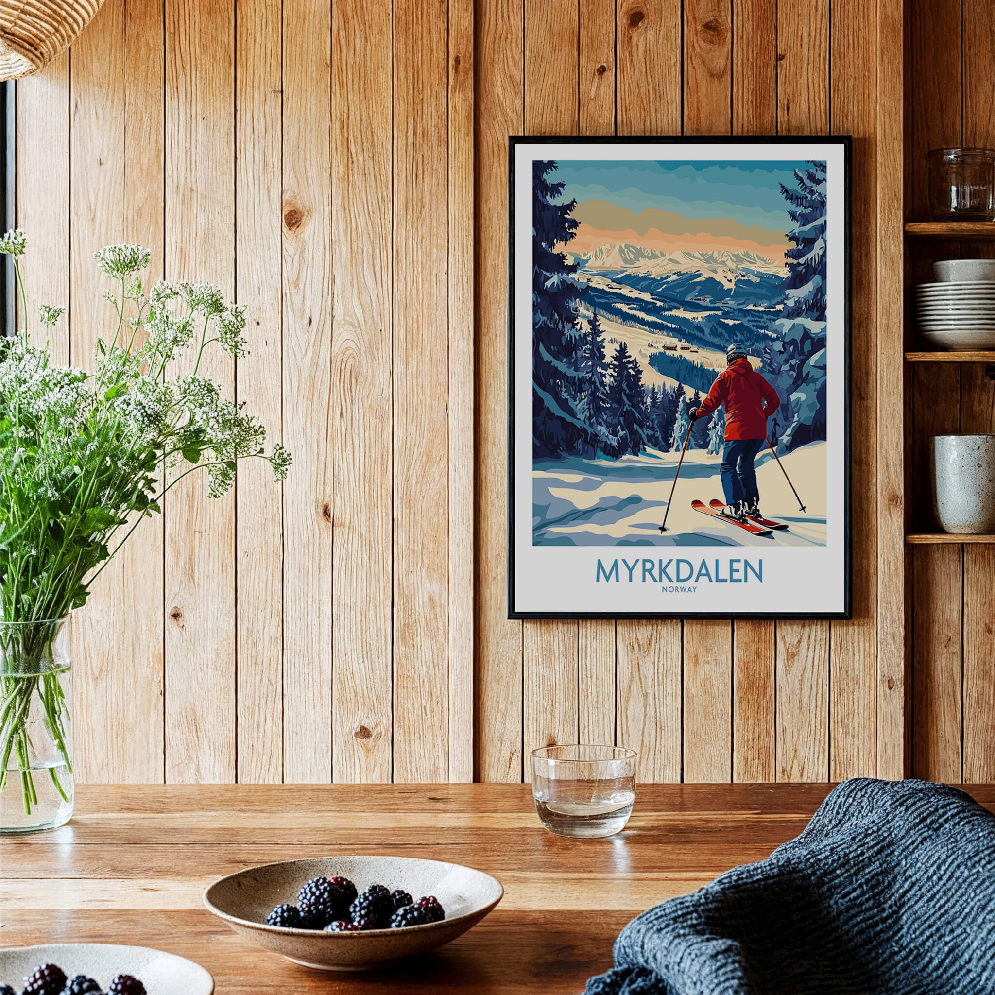 Myrkdalen Ski Poster: A Perfect Gift for Ski Lovers showcasing a skier in a scenic mountain landscape.