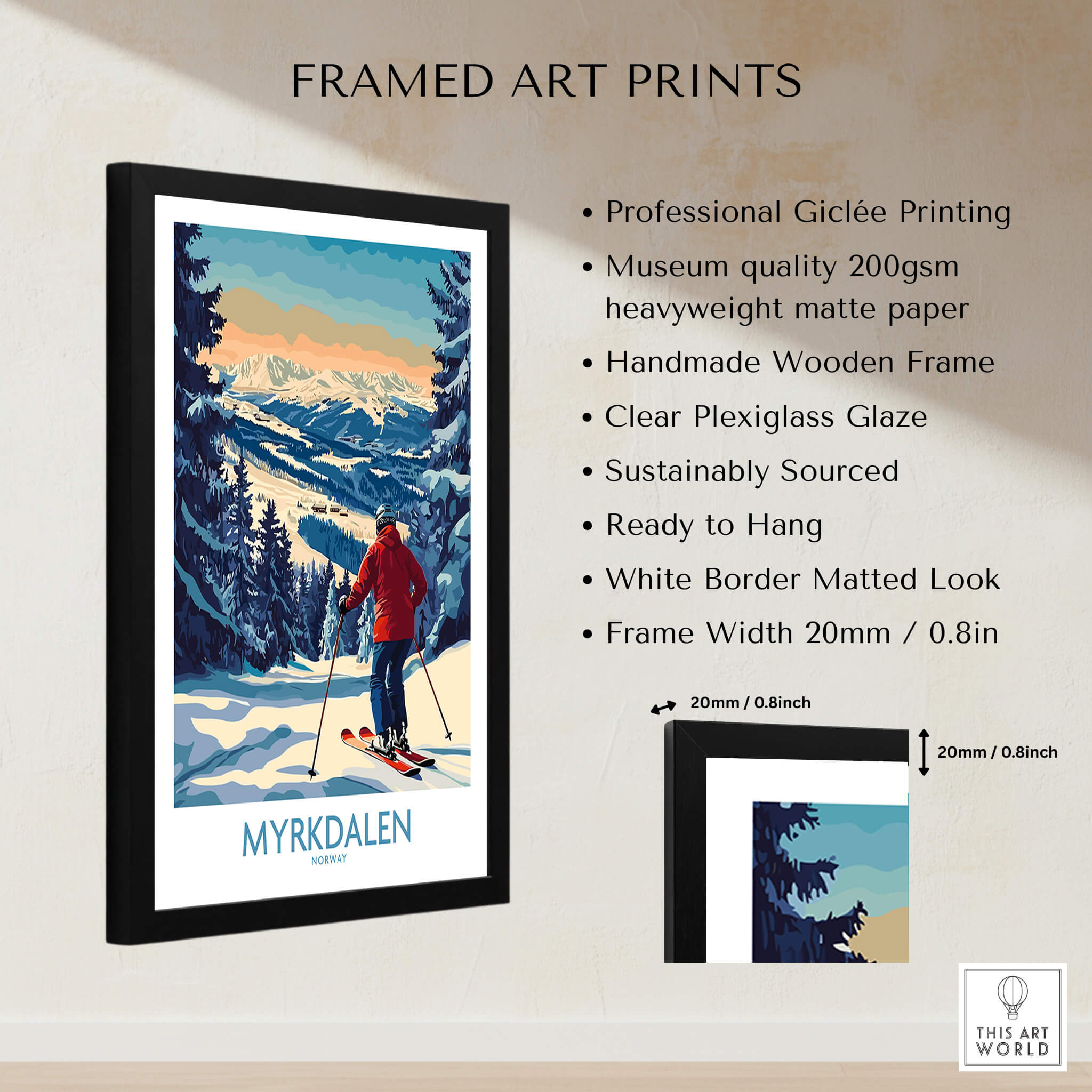 Myrkdalen Ski Poster: A Perfect Gift for Ski Lovers, framed art print showcasing skier and mountain view.