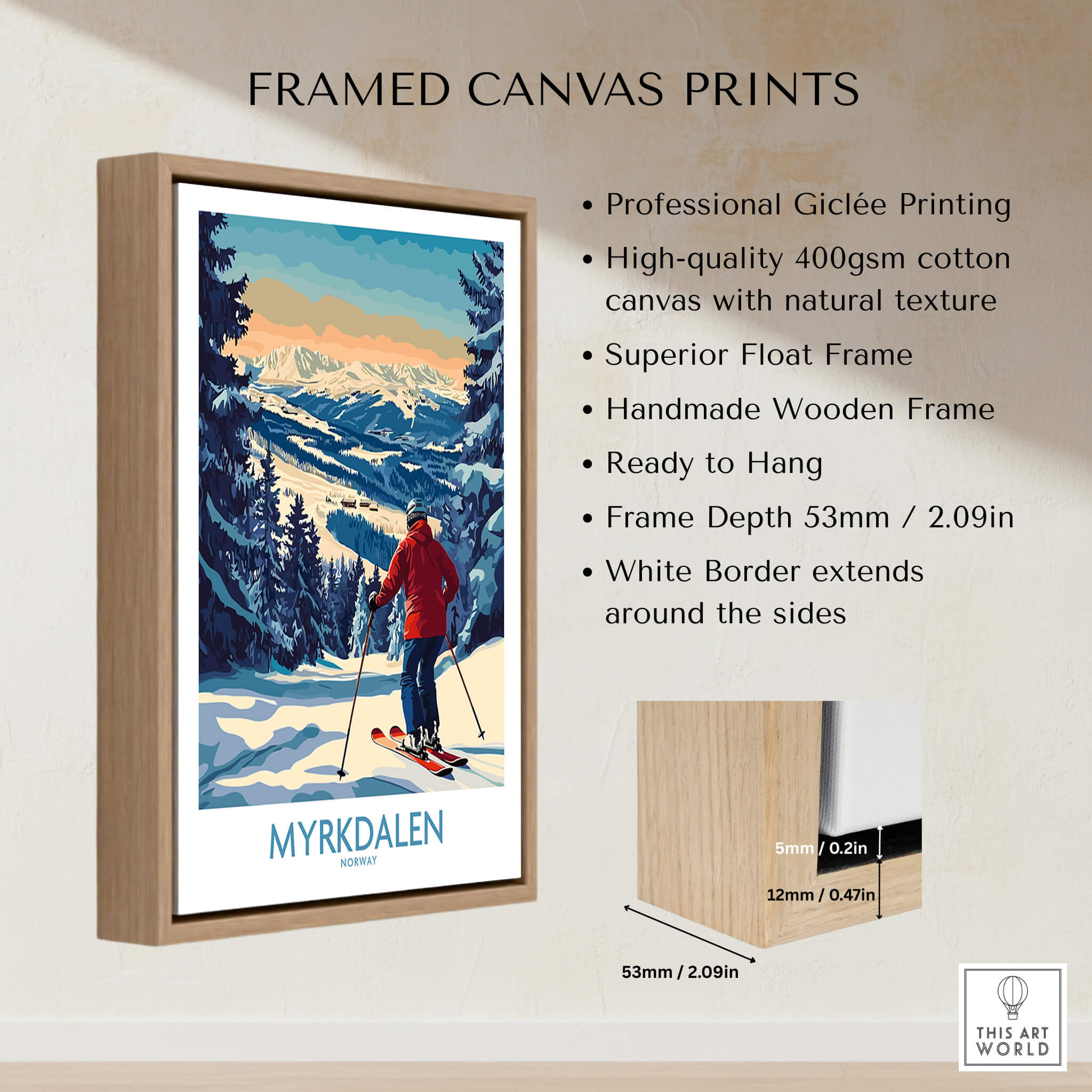 Myrkdalen Ski Poster: A Perfect Gift for Ski Lovers showcased in a wooden frame with skier and mountains background.