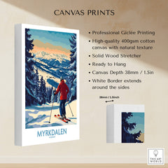 Myrkdalen Ski Poster: A Perfect Gift for Ski Lovers in vibrant colors, showcasing a skier and snowy mountains.