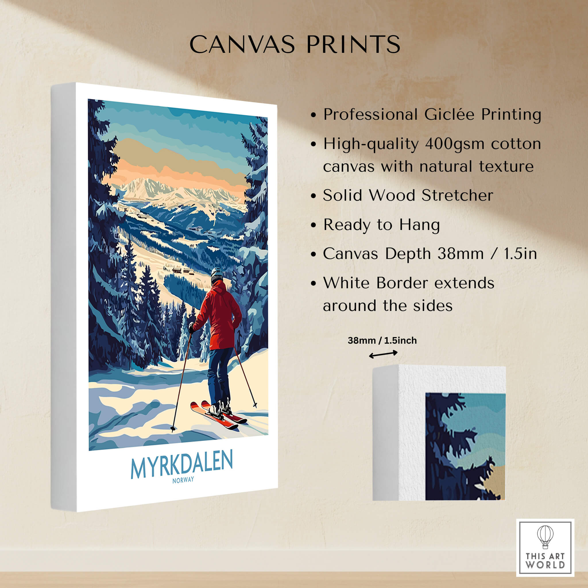 Myrkdalen Ski Poster: A Perfect Gift for Ski Lovers in vibrant colors, showcasing a skier and snowy mountains.