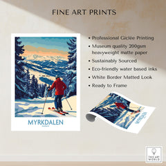 Myrkdalen Ski Poster: A Perfect Gift for Ski Lovers showcasing a skier in a stunning mountain landscape.