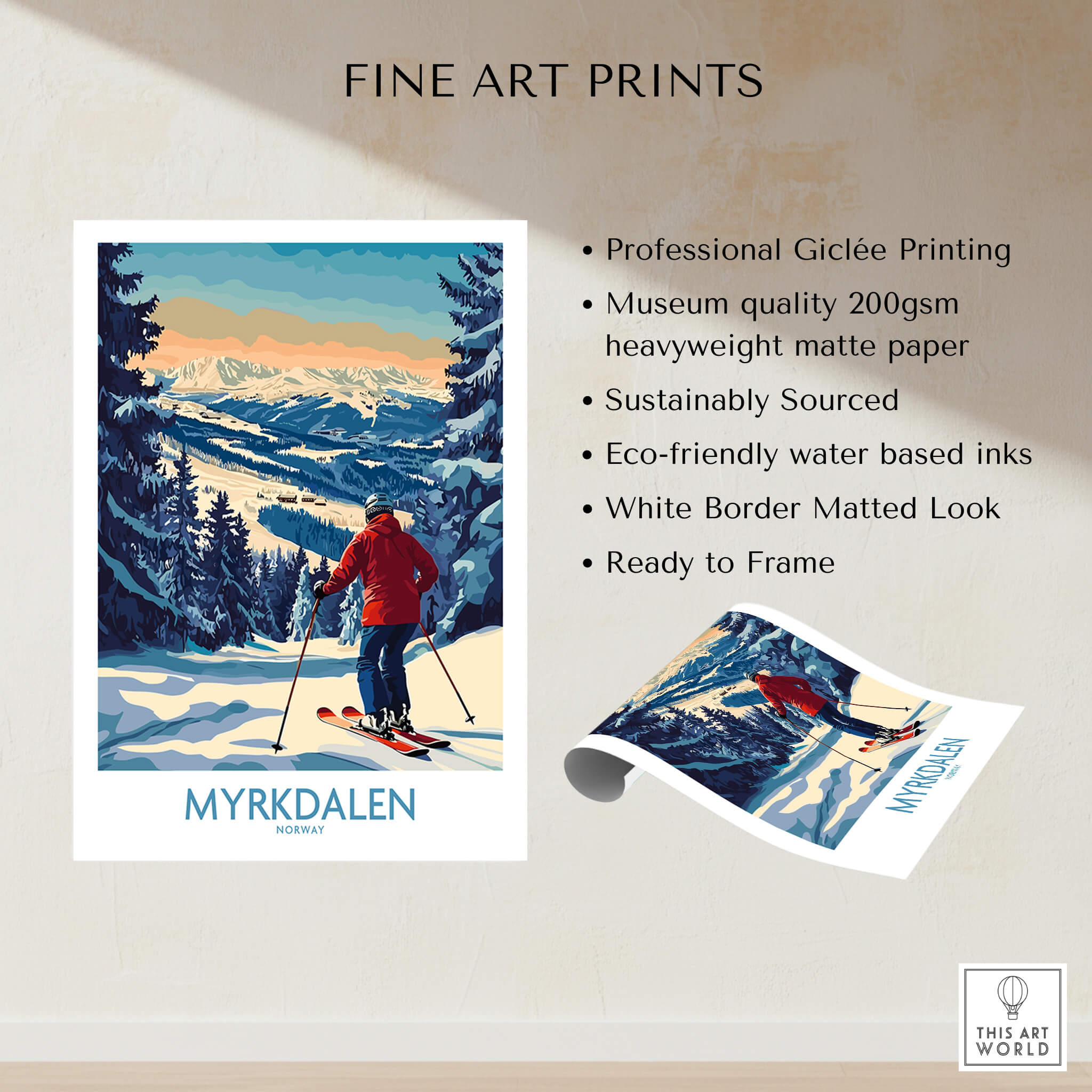 Myrkdalen Ski Poster: A Perfect Gift for Ski Lovers showcasing a skier in a stunning mountain landscape.