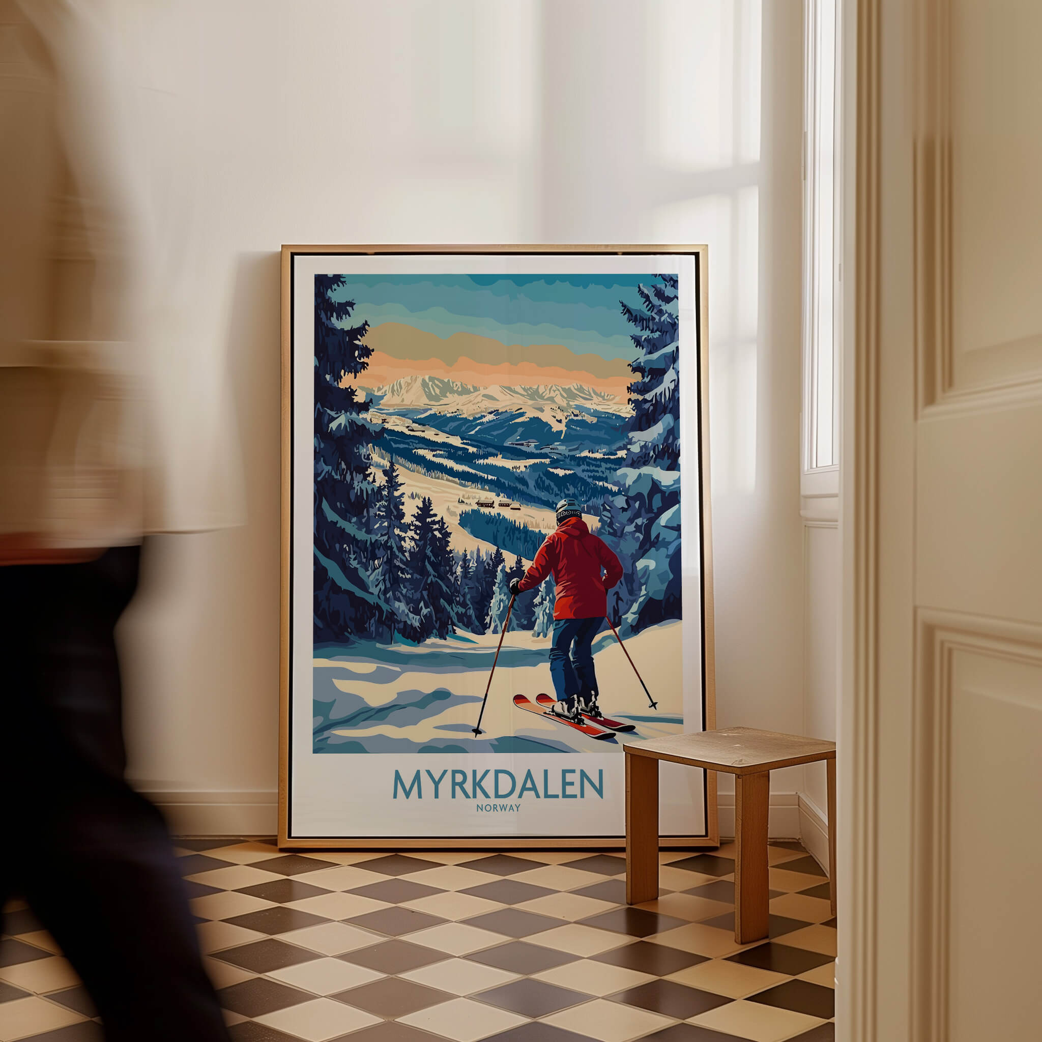 Myrkdalen Ski Poster: A Perfect Gift for Ski Lovers displaying a skier against a beautiful mountain backdrop.