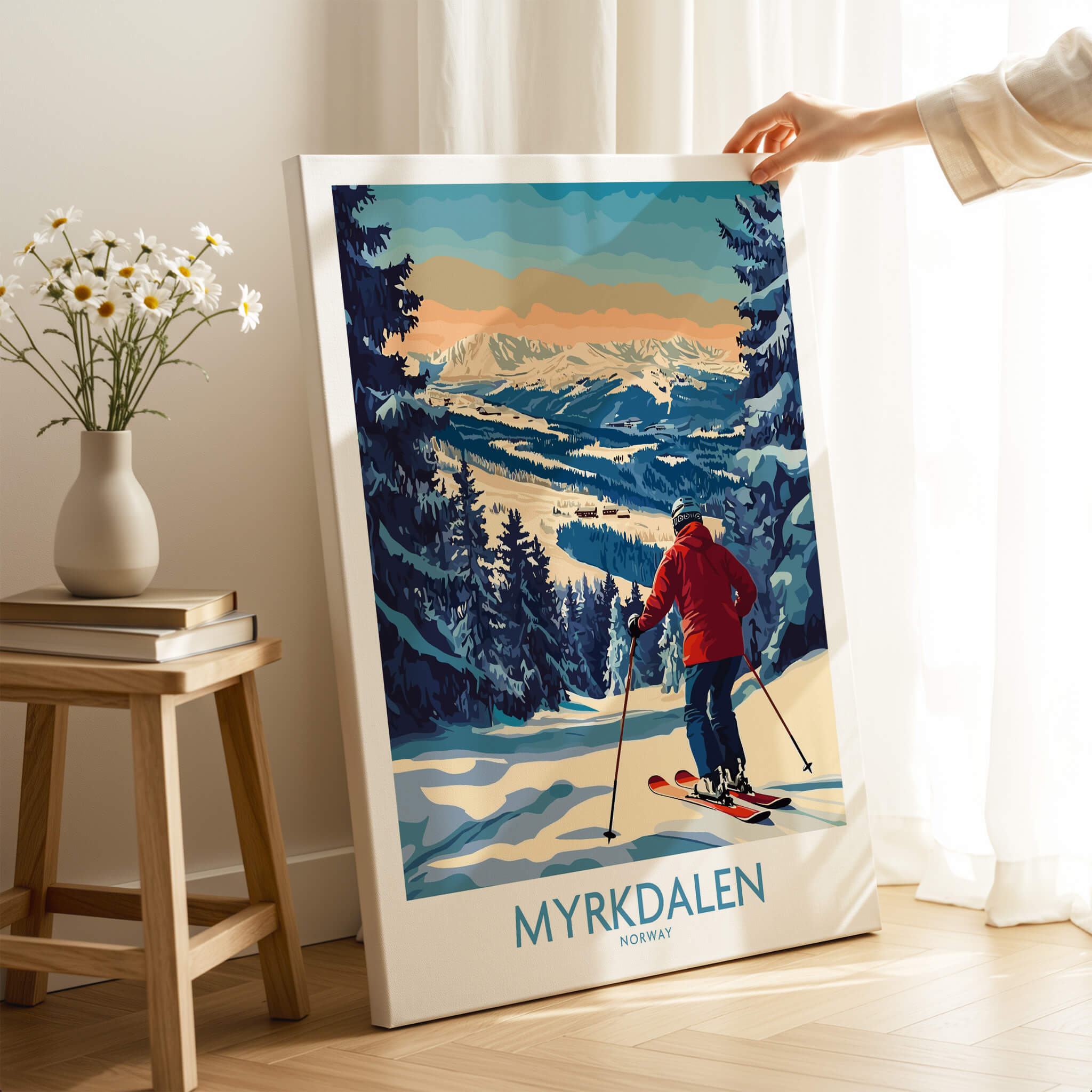 Myrkdalen Ski Poster: A Perfect Gift for Ski Lovers showcasing a skier in a stunning mountain landscape.