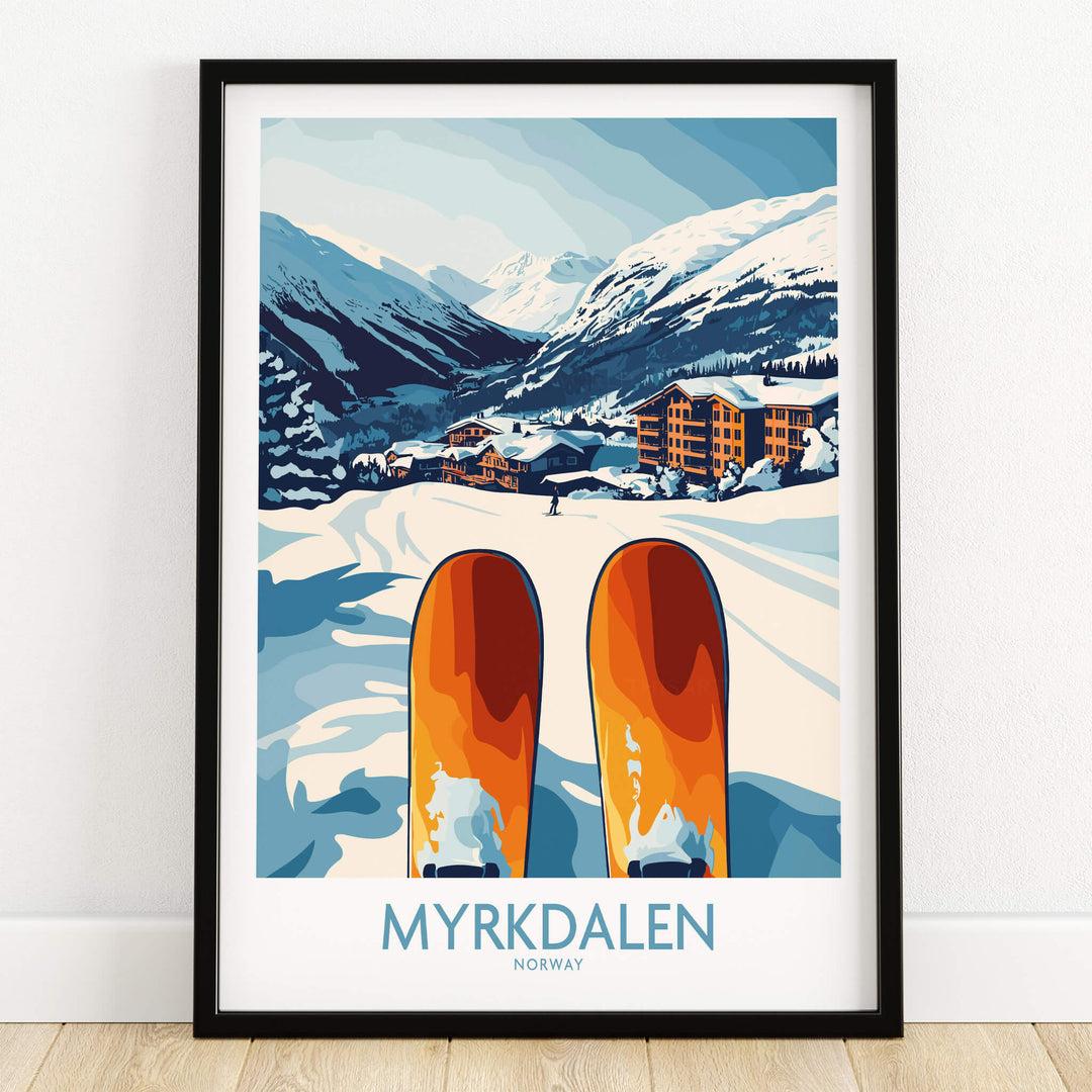 Norway Ski Scene Art - Myrkdalen Mountain Poster, Scandinavian Decor featuring ski view and mountain village.