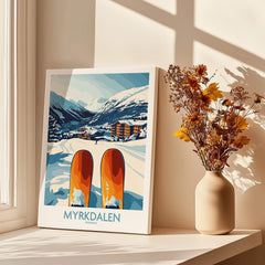 Norway Ski Scene Art - Myrkdalen Mountain Poster, Scandinavian Decor in a cozy interior setting.