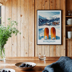 Norway Ski Scene Art - Myrkdalen Mountain Poster, Scandinavian Decor displayed in a cozy wooden interior.