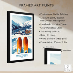 Norway Ski Scene Art - Myrkdalen Mountain Poster, Scandinavian Decor framed print featuring snowy mountains and ski equipment.