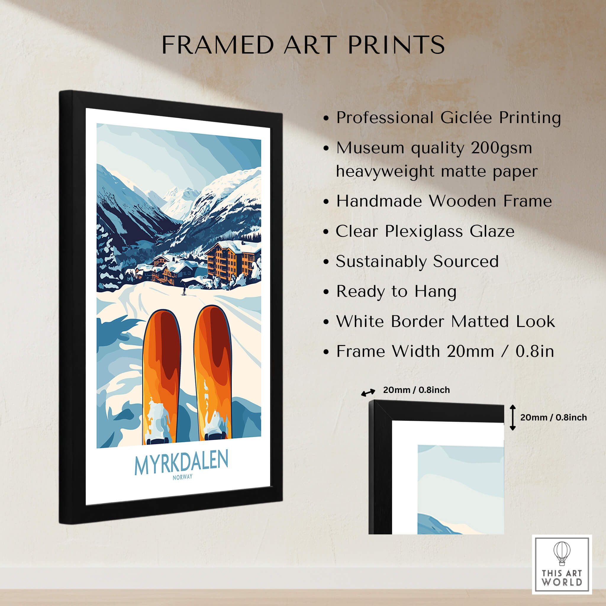 Norway Ski Scene Art - Myrkdalen Mountain Poster, Scandinavian Decor framed print featuring snowy mountains and ski equipment.
