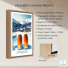 Norway Ski Scene Art - Myrkdalen Mountain Poster, Scandinavian Decor framed canvas print with wooden frame.