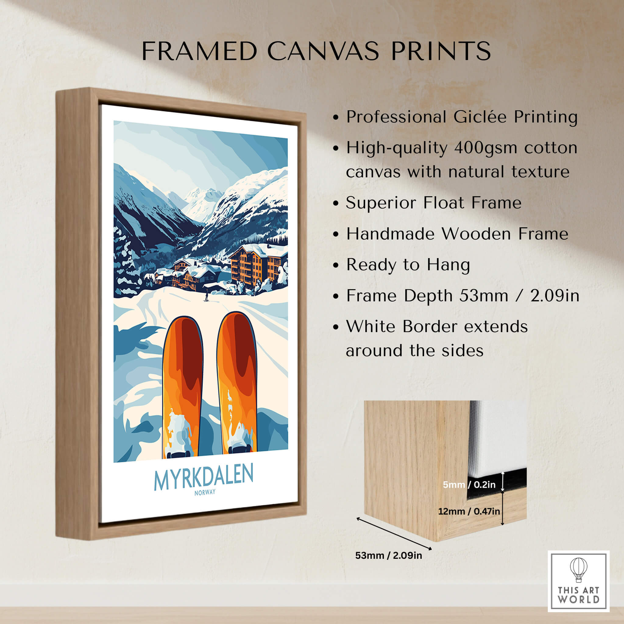 Norway Ski Scene Art - Myrkdalen Mountain Poster, Scandinavian Decor framed canvas print with wooden frame.