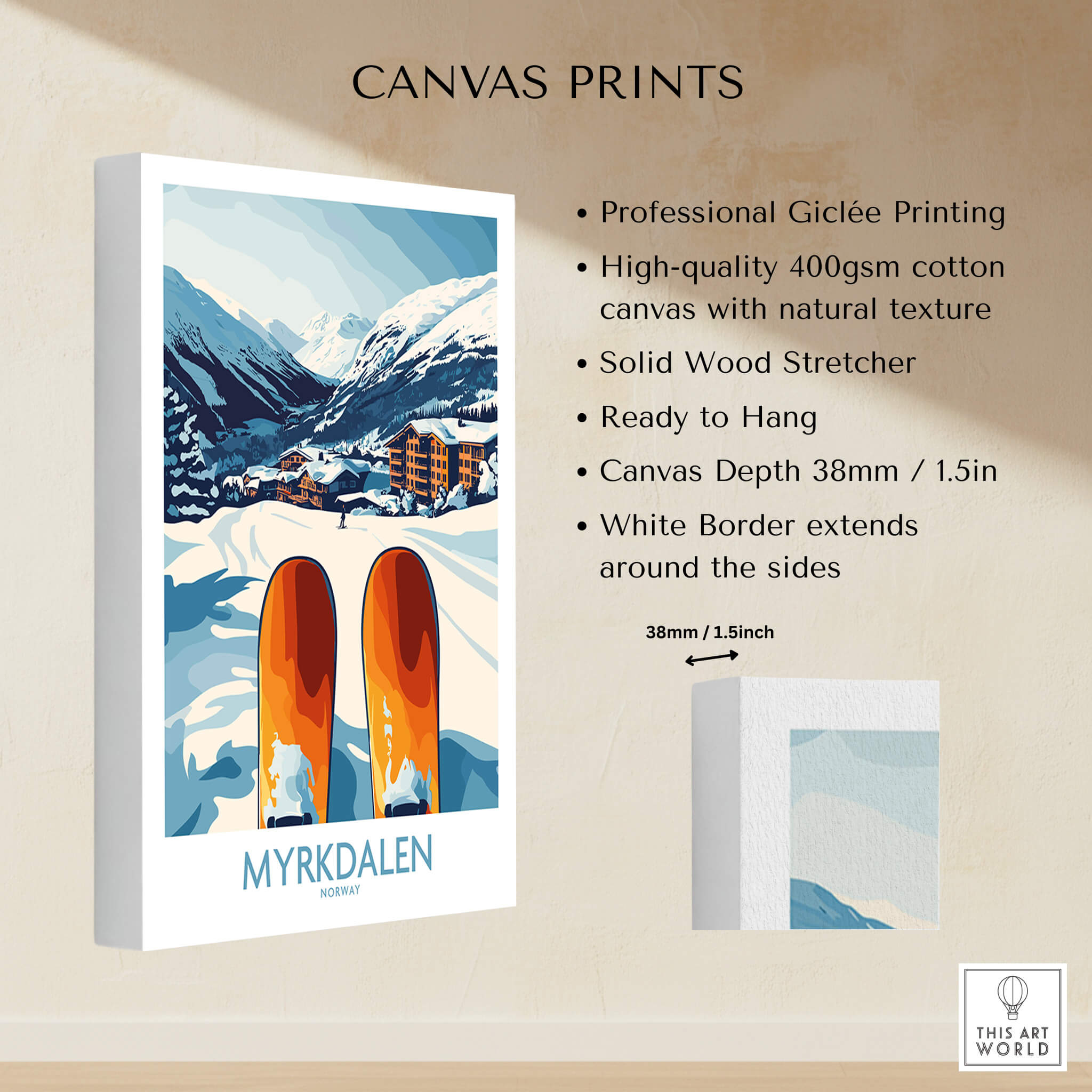 Norway Ski Scene Art - Myrkdalen Mountain Poster, Scandinavian Decor displayed on canvas with snowy landscape and wooden skis.