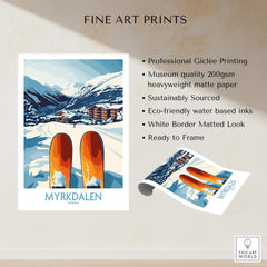 Norway Ski Scene Art - Myrkdalen Mountain Poster, Scandinavian Decor displayed with ski equipment.