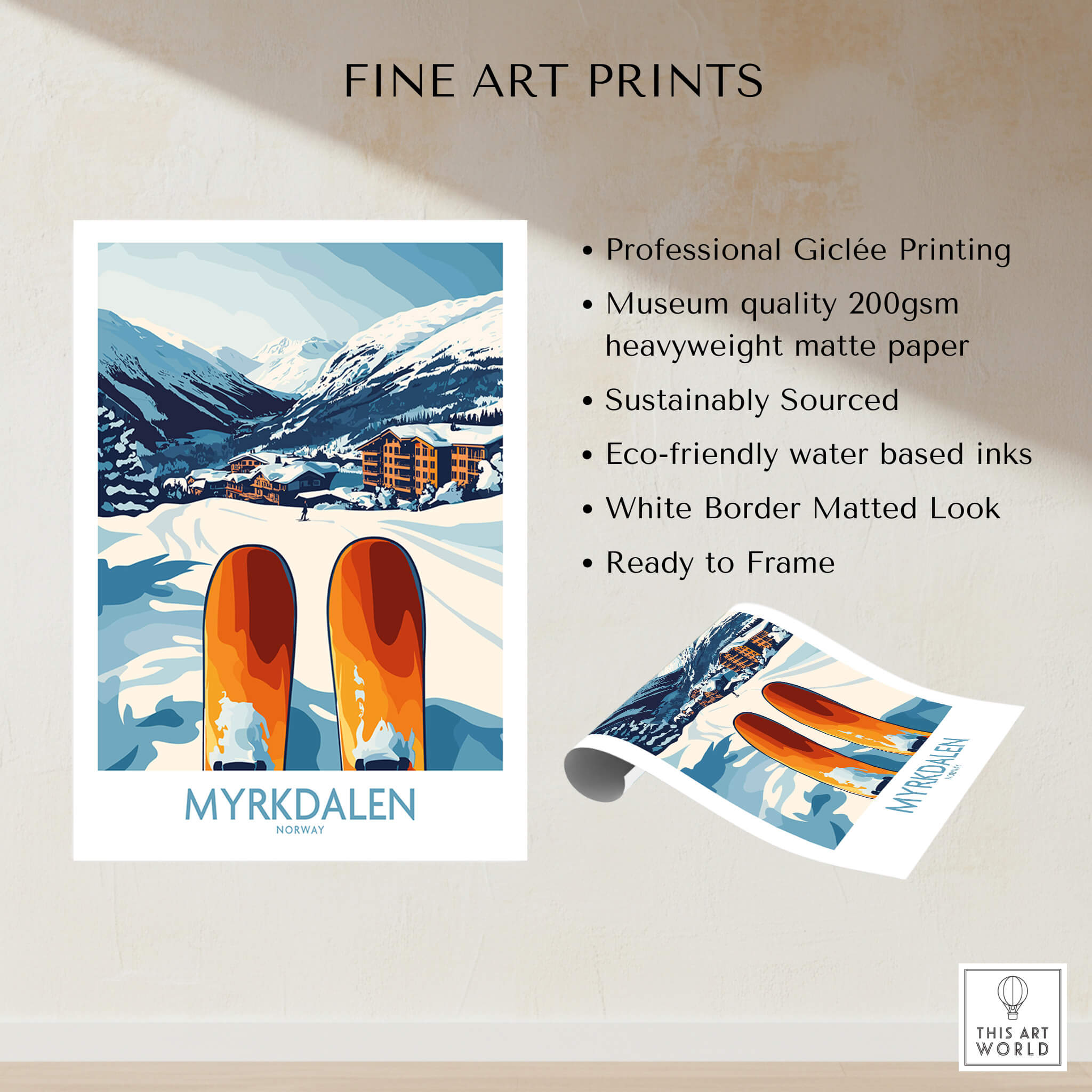 Norway Ski Scene Art - Myrkdalen Mountain Poster, Scandinavian Decor displayed with ski equipment.
