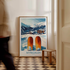 Norway Ski Scene Art - Myrkdalen Mountain Poster, Scandinavian Decor in a cozy interior setting.