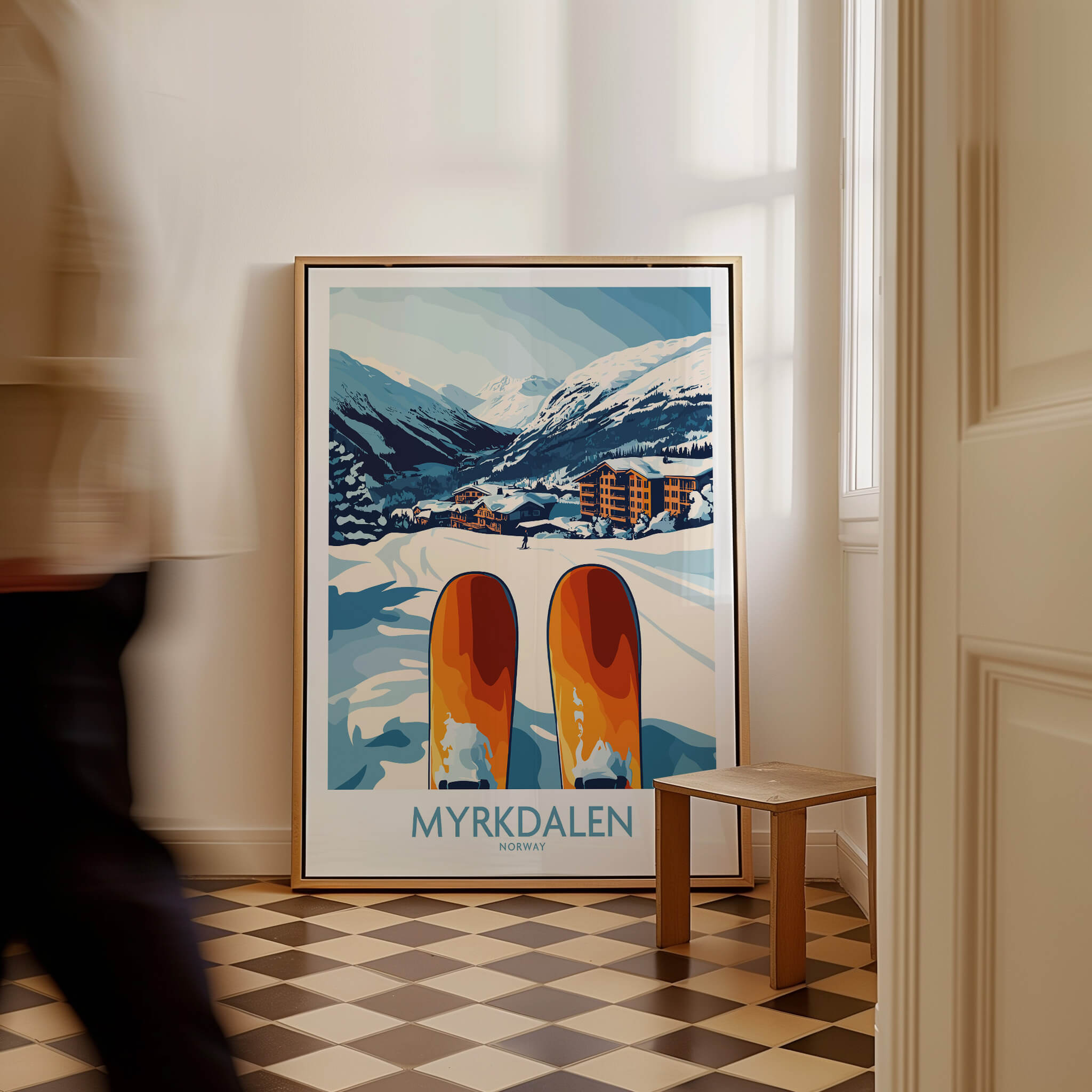 Norway Ski Scene Art - Myrkdalen Mountain Poster, Scandinavian Decor in a cozy interior setting.