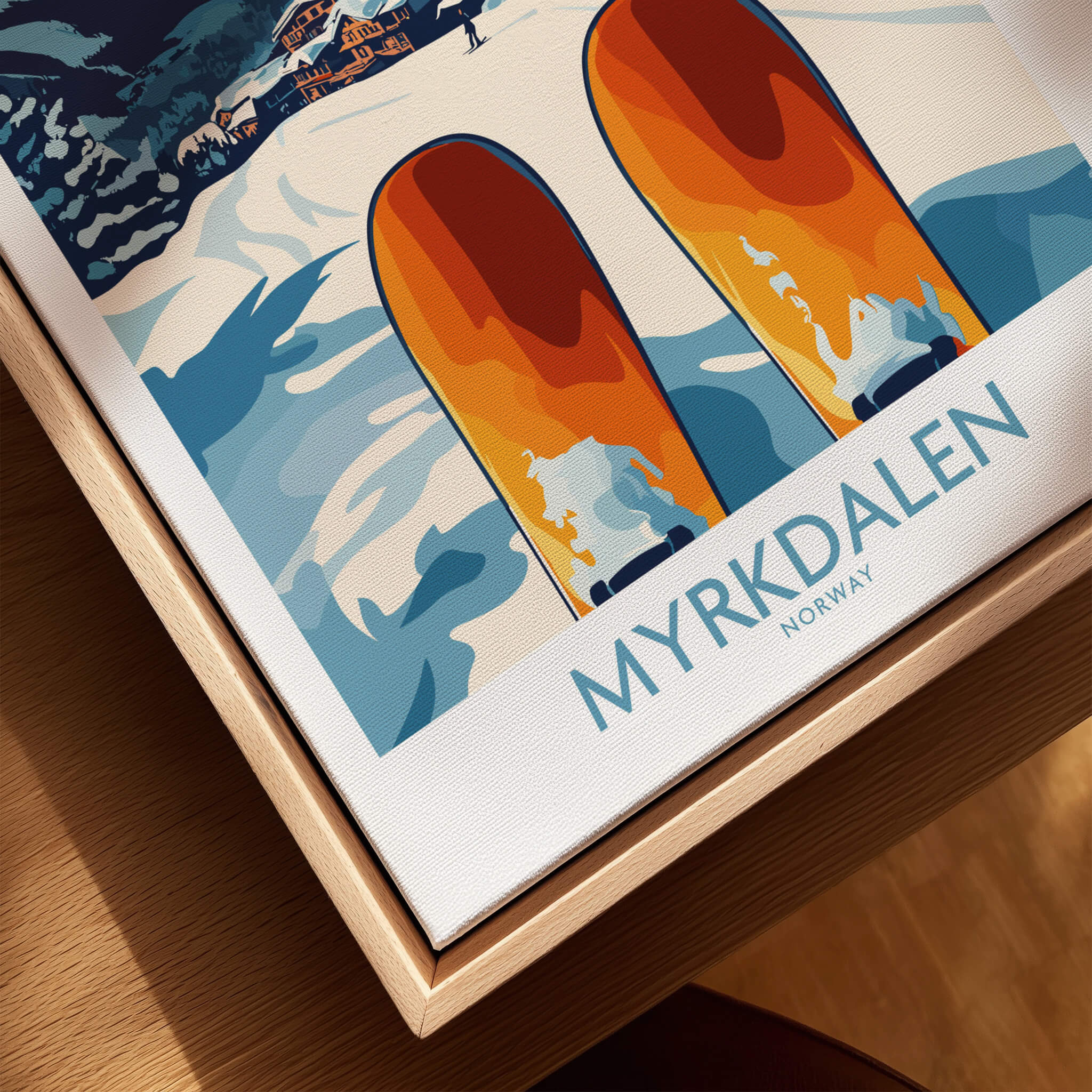 Norway Ski Scene Art - Myrkdalen Mountain Poster, Scandinavian Decor featuring skis and snowy landscape.