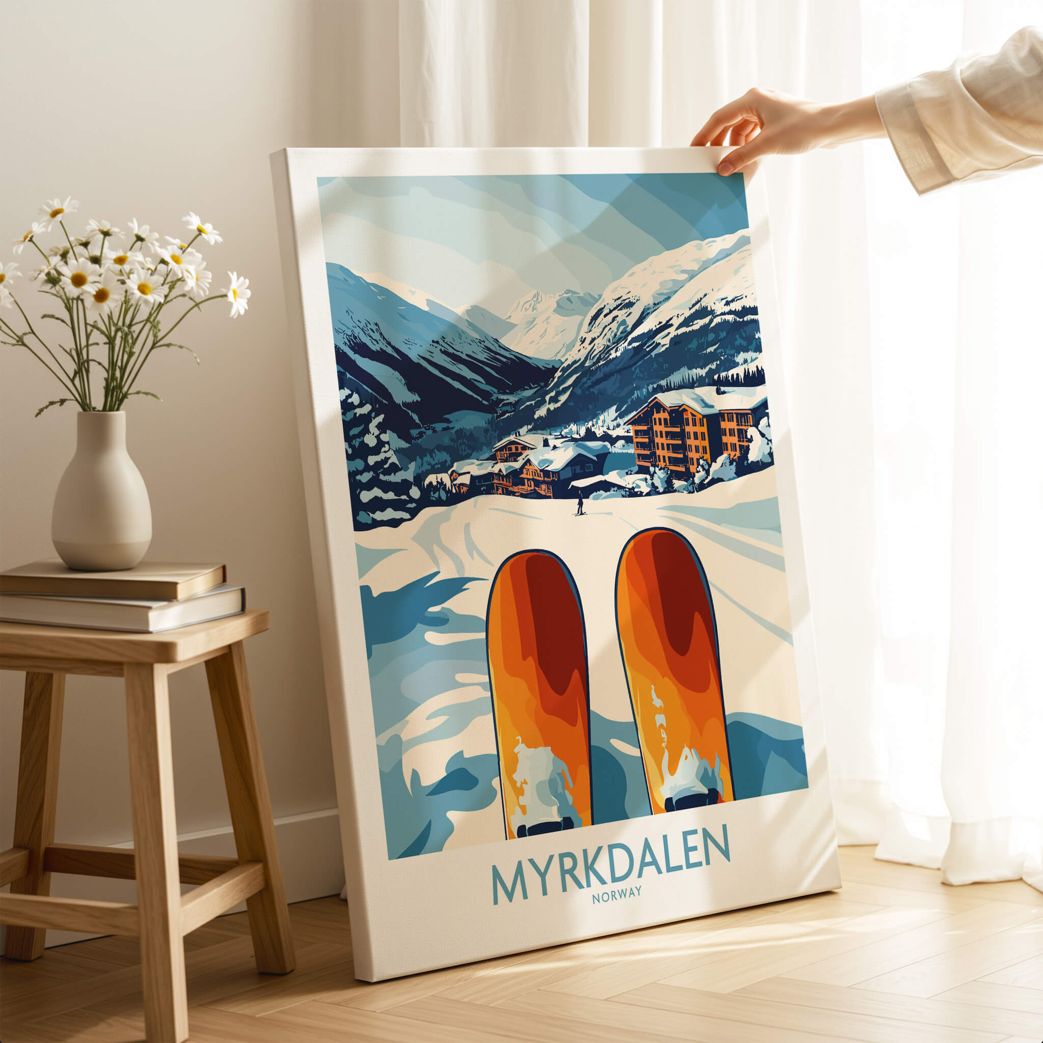 Norway Ski Scene Art - Myrkdalen Mountain Poster, Scandinavian Decor on display with skis and snowy landscape.